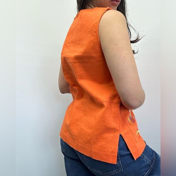 Vintage 90’s Orange Fish Ocean Theme Linen Sleeveless Top Vest Size M - Picture 3 of 10